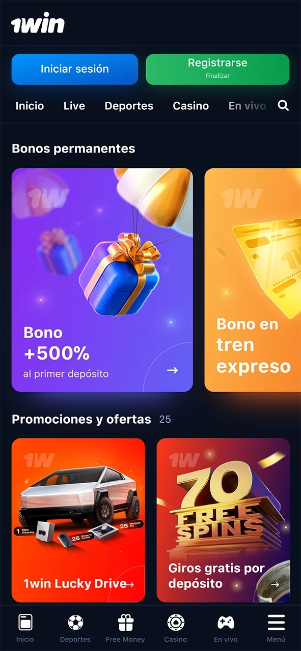 Sección de bonificaciones en la aplicación 1win.