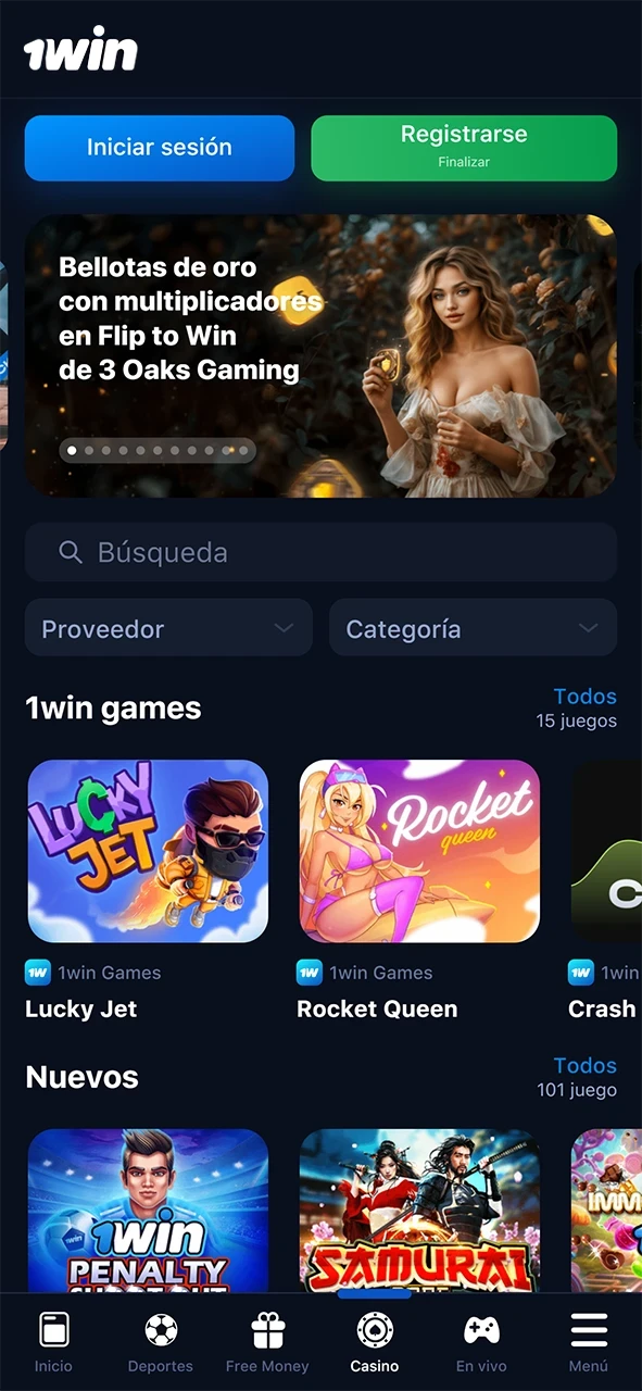 La sección de casino de la aplicación 1win.
