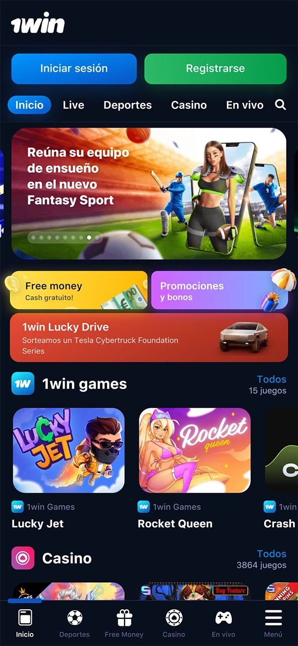 Página de inicio de la aplicación 1win.