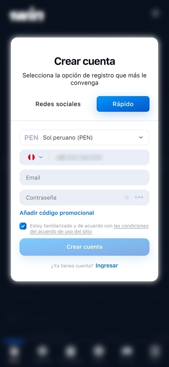 Inscríbase en el sitio web de 1win.