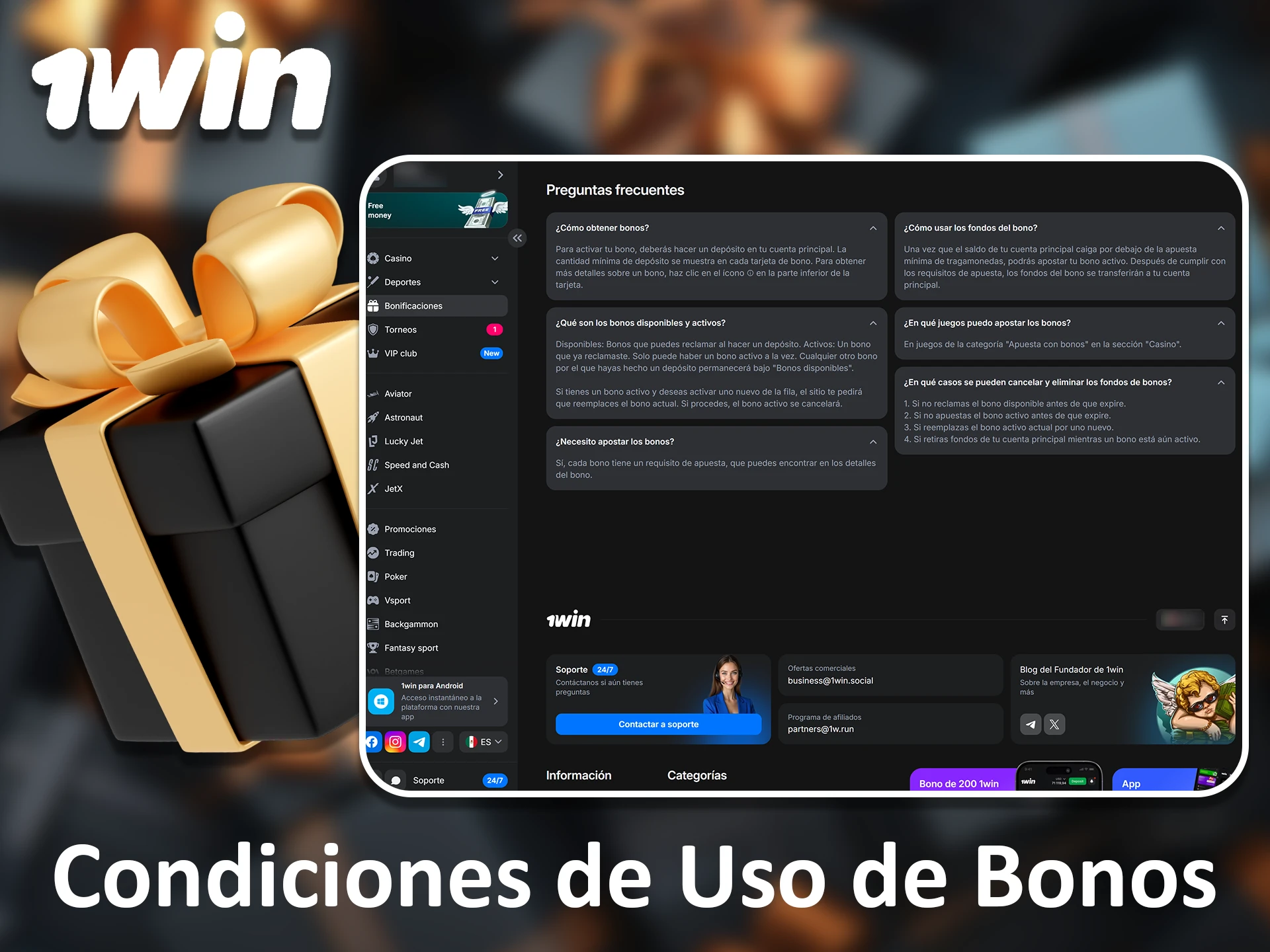 Familiarícese con los términos y condiciones de los bonos en la página web de 1win.