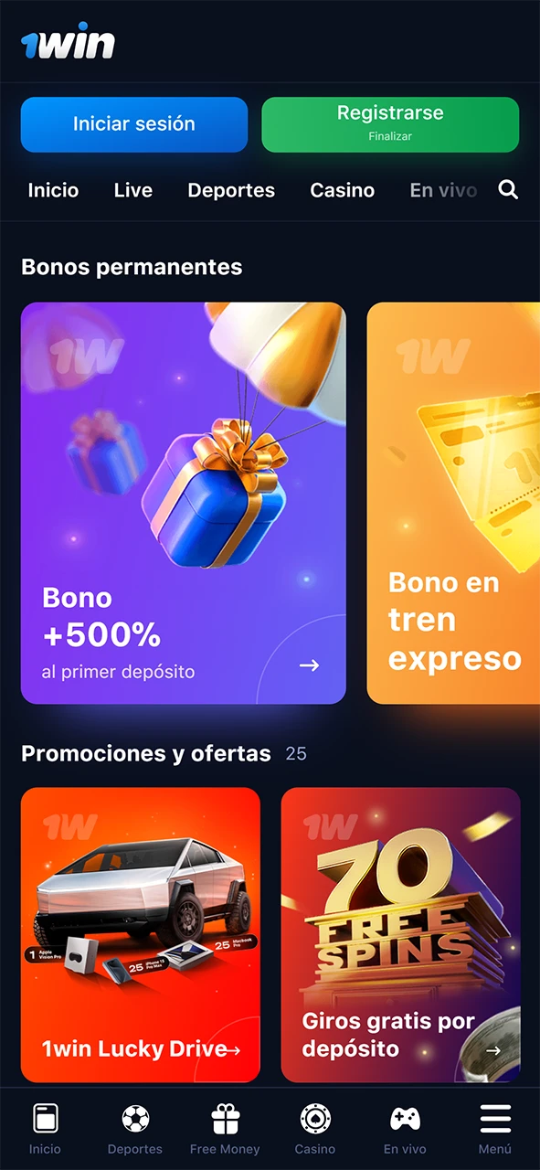 Sección de bonificaciones en la aplicación 1win.