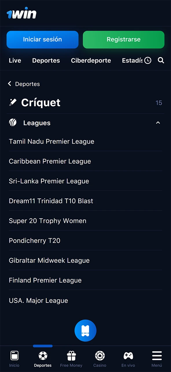 Sección de apuestas de críquet de la aplicación 1win.