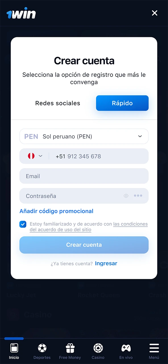 Página de inscripción en la aplicación 1win.