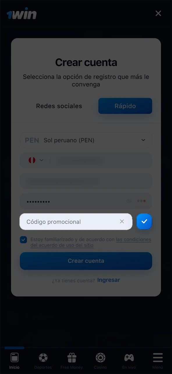 Introduce el código promocional de 1win si lo tienes.