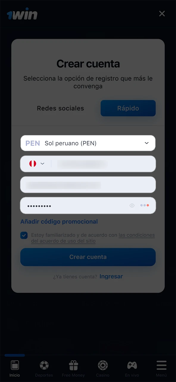 Introduzca los datos necesarios para registrarse en 1win.