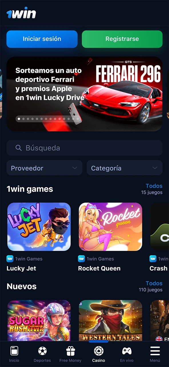 La sección de casino del sitio web de 1win.