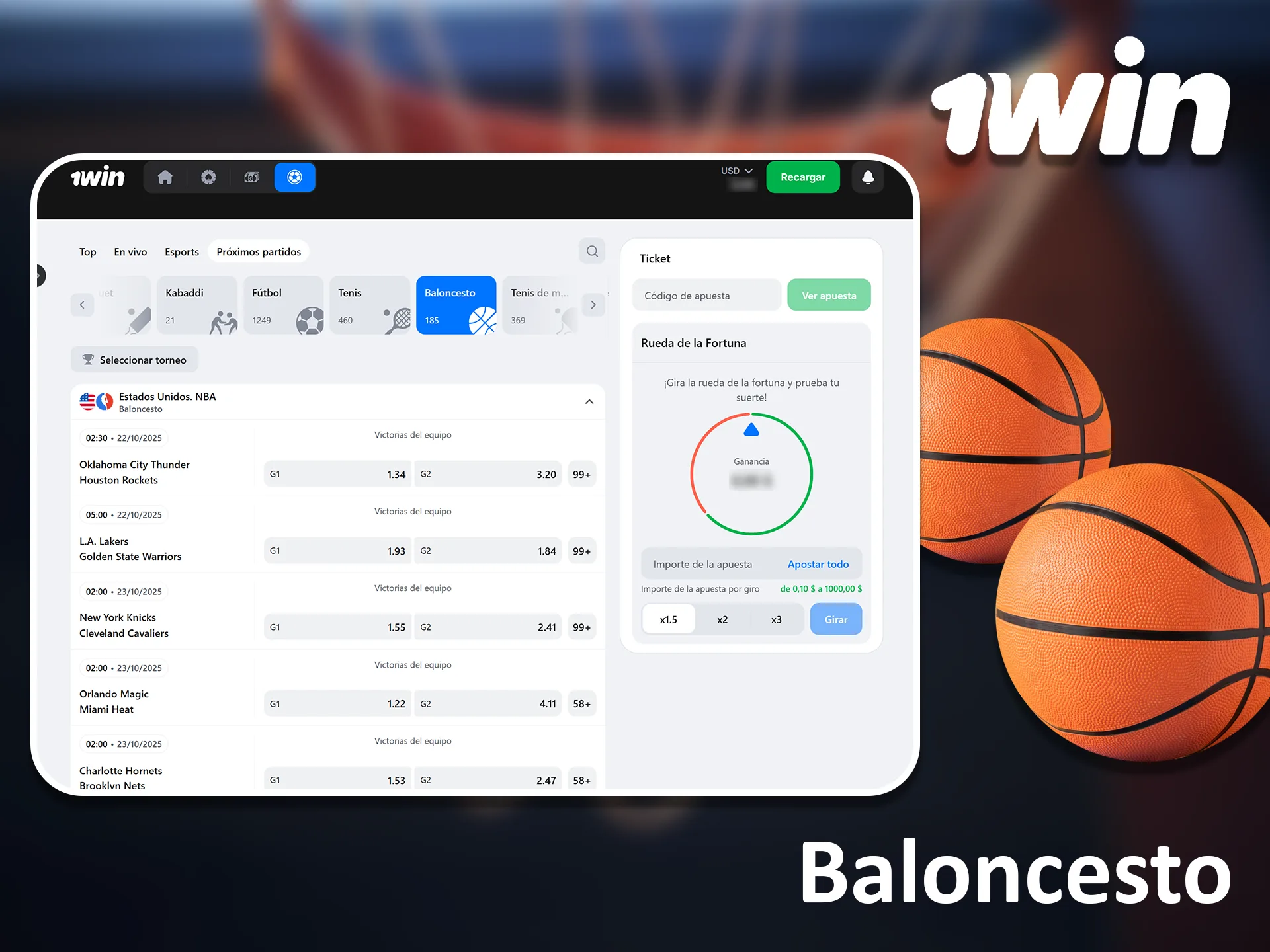 1win ofrece una variedad de eventos de baloncesto disponibles para apostar.