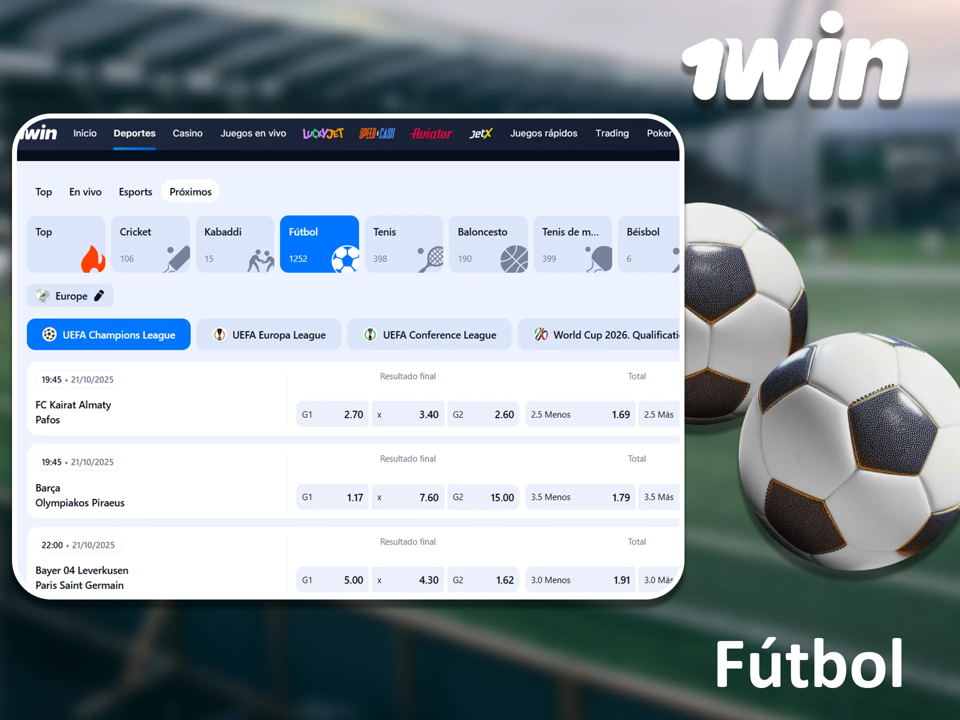 Apueste en los eventos futbolísticos más populares en 1win.