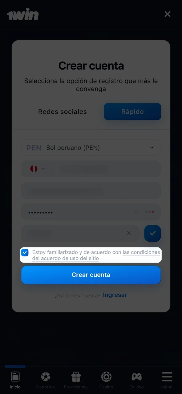 Confirme que tiene al menos 18 años y que acepta los términos y condiciones de 1win.