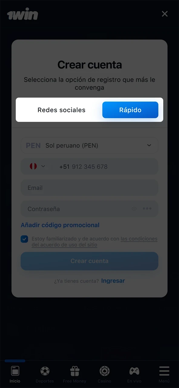 Elija una de las opciones de inscripción 1win.