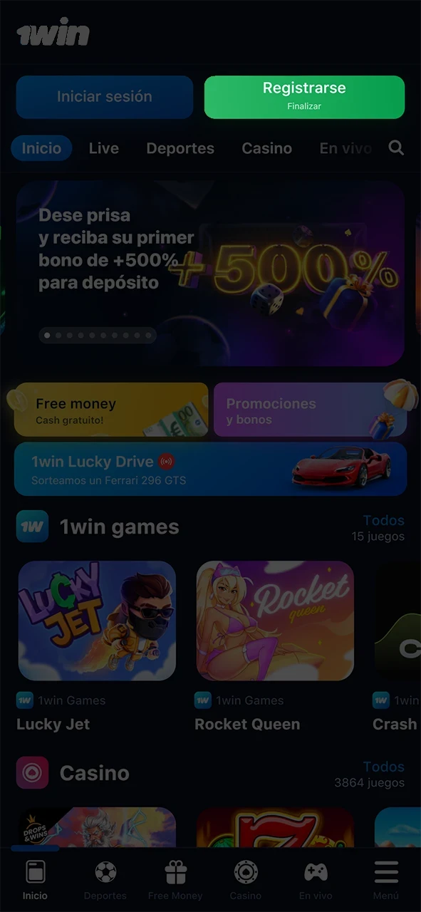 Haz clic en el botón de registro de la página de inicio de 1win.