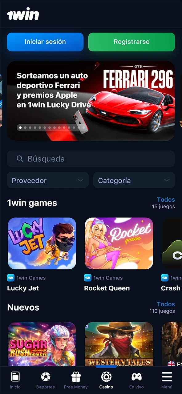 La sección de casino del sitio web de 1win.