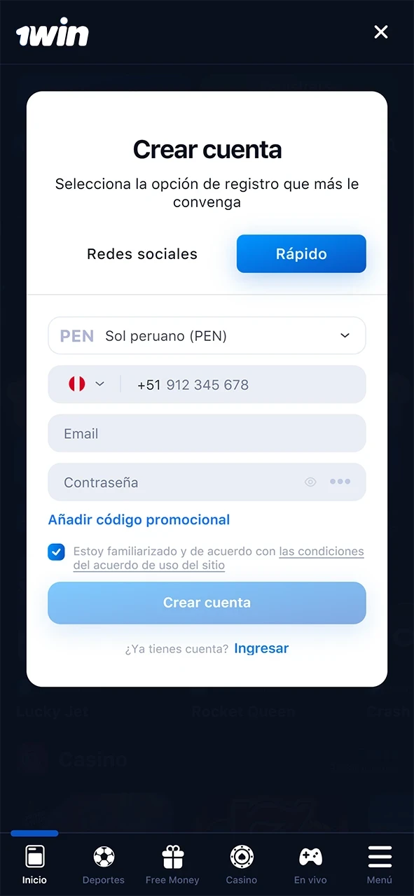 Página de registro de 1win.