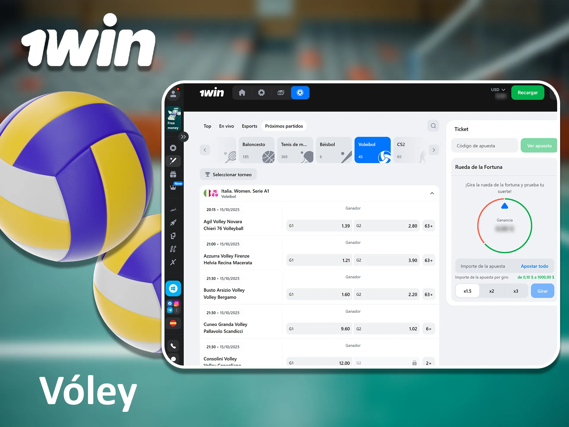 1win te permite apostar en ligas de voleibol locales e internacionales.