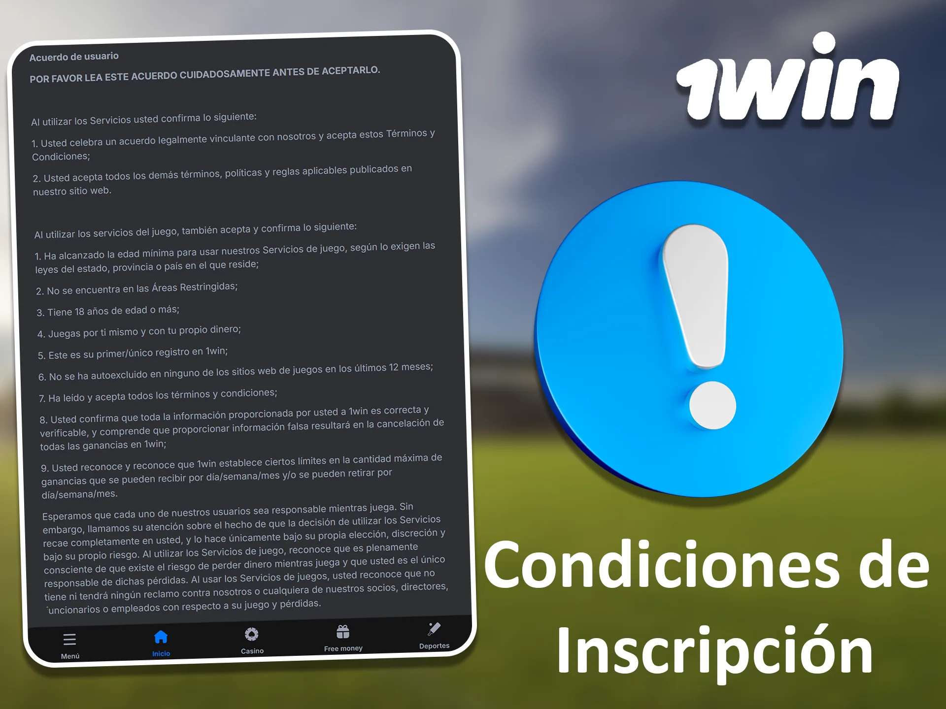 Infórmese sobre los requisitos y condiciones de inscripción en 1win.