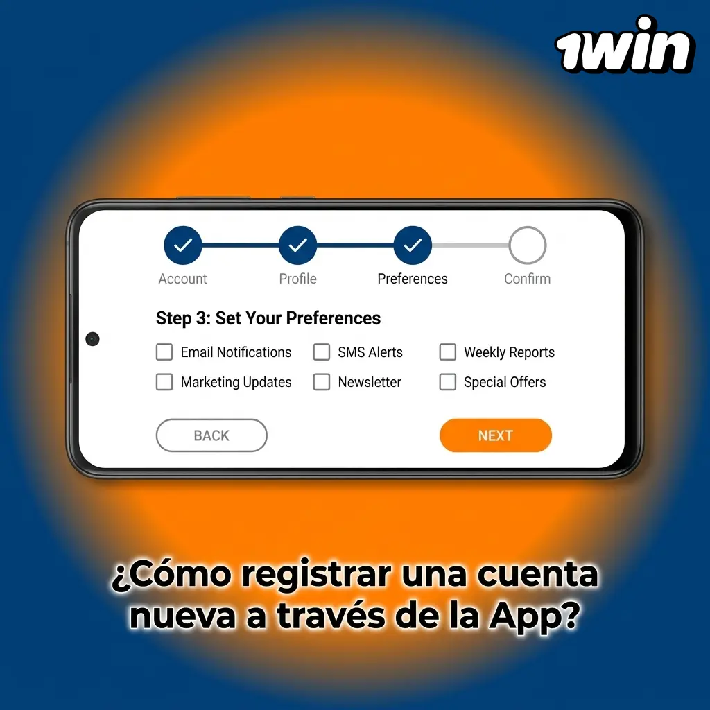 Pantalla de registro en la app 1win mostrando opciones de teléfono, correo y redes sociales para crear cuenta