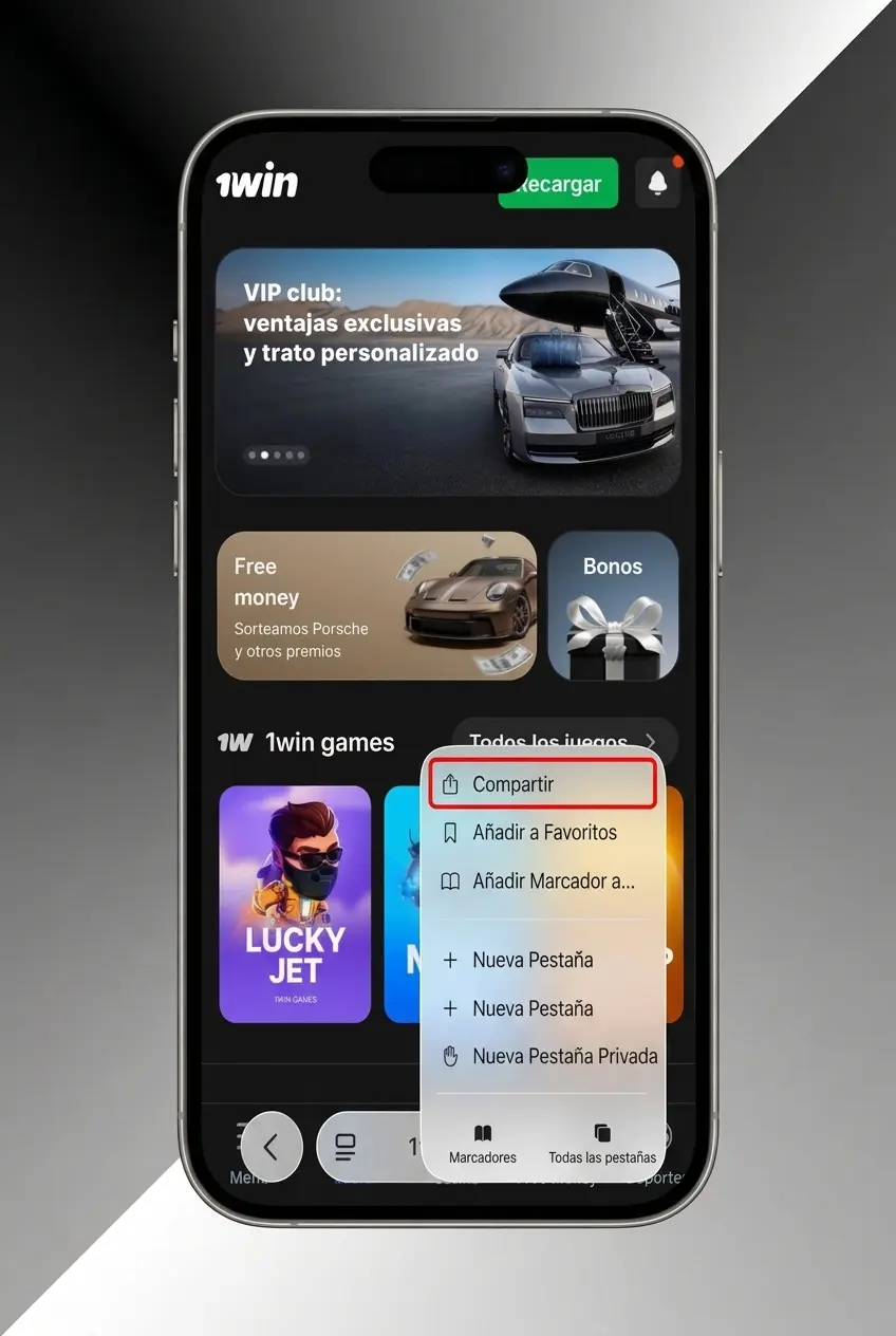 Guía de 4 pasos para instalar 1win como app en iPhone o iPad y acceder al juego Balloon desde Safari