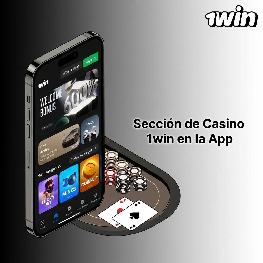 Sección de casino 1win en la app móvil con más de 10,000 juegos organizados por categorías